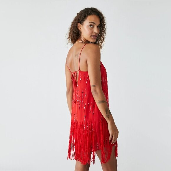 NWT Free People red fringe trim sequin embellished mini dress, XS - Picture 9 of 15